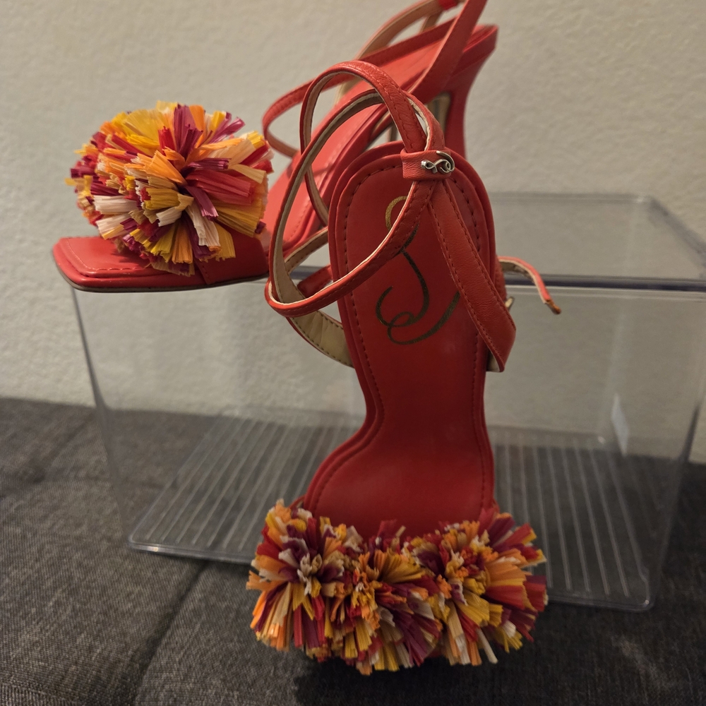 Vibrant Red and Yellow Pom-Pom Heels